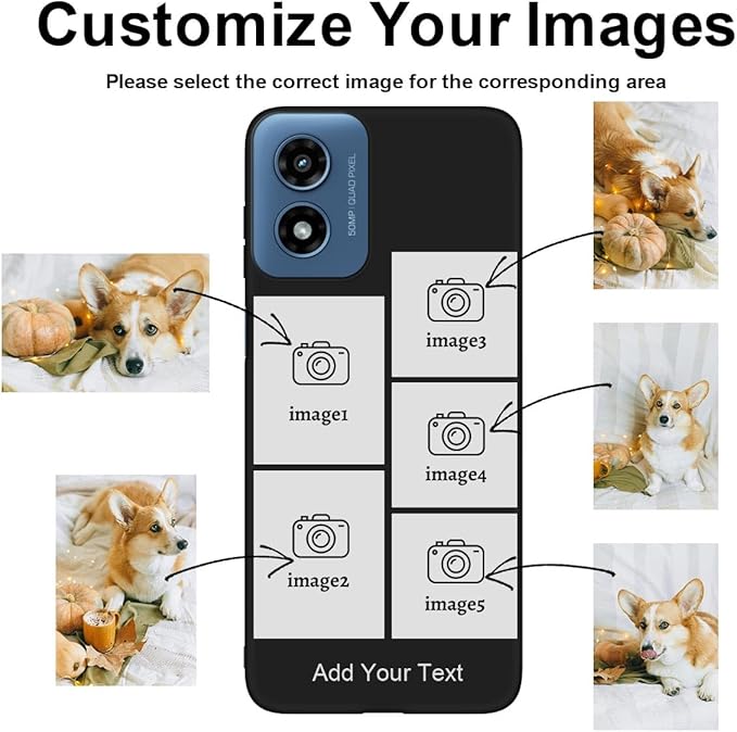 Personalized Picture Case for Motorola Moto G Play 2024 Customized Name Initials Phone Cover, Custom Multi-Picture Collage Shock-Resistant Soft Protective TPU Case, Gifts for Mother's Day, Black