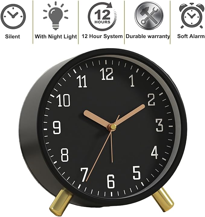 SHISEDECO Alarm Clock with Backlight, 4.5 inches Bedside Analog Non-Ticking Silent Small Deskclock with Arabic Numerals, Battery Operated Round Tableclock for Living Room, Bedroom (Black Color)