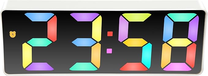 Infinity Instruments LTD. Digital Tabletop Alarm Clock, White with Colored Display, 6.25" x 2.25"