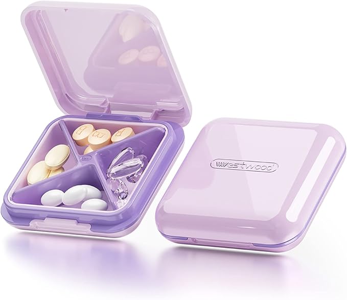 DUBSTAR Small Pill Box for Purse, Moisture Waterproof Travel Pill Case with 4 Compartments, Daily Pill Organizer for Vitamins & Medication (S-Purple)