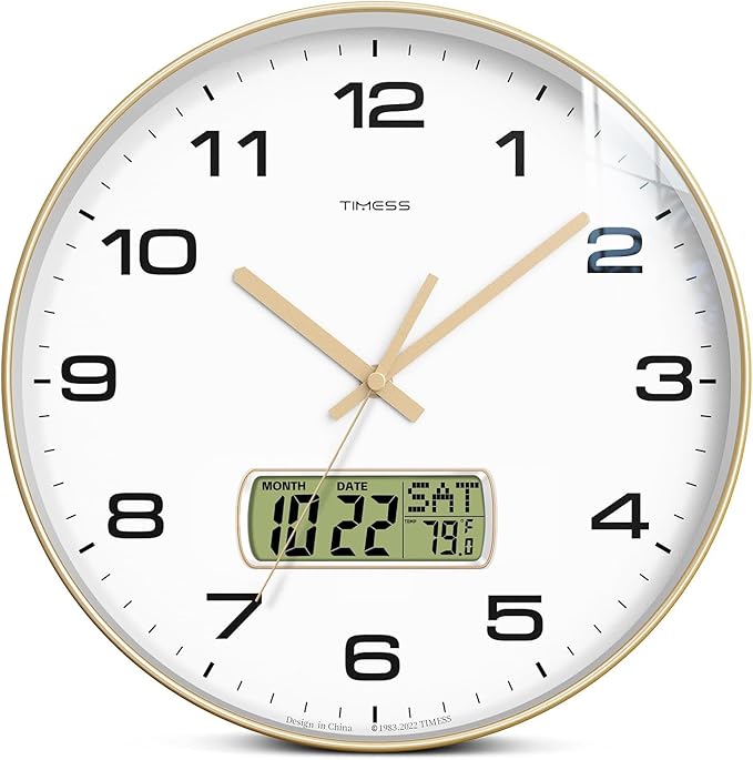 TIMESS Wall Clock, 13" Dial Non-Ticking Silent Battery Operated Analog with LCD Display for Perpetual Calendar and F° Temperature, Ideal Modern Home, Bedroom, Kitchen, Office Decor (Gold)