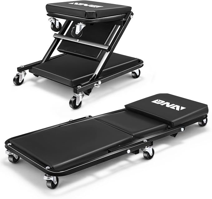 DNA Motoring 36 Inches Folding 2 in 1 Rolling Z Creeper, Adjustable Roller Garage Chair Lay Down or Sit, 6 Pcs Casters, 330 LBS / 150kg Weight Capacity, Black, TOOLS-00493