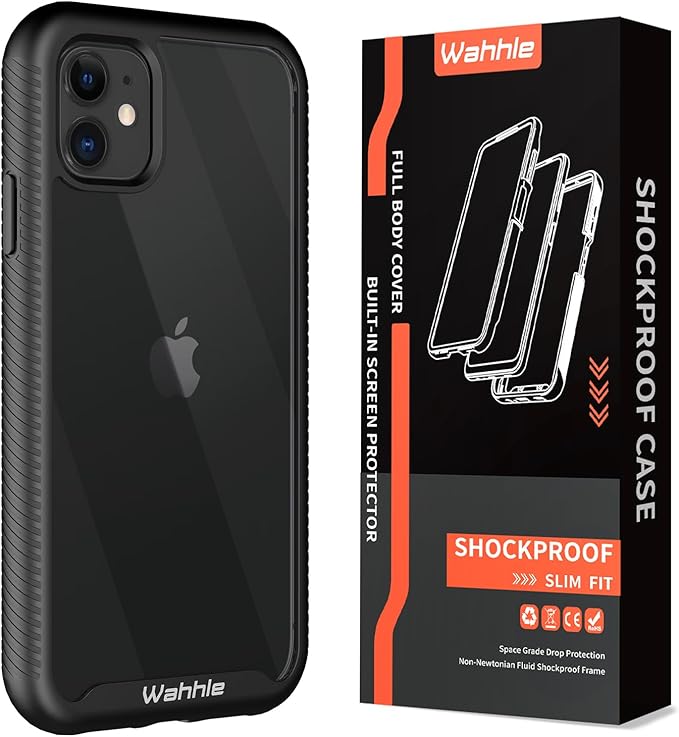 wahhle Compatible with iPhone 11 Case, Built in Screen Protector Full Body Shockproof Slim Fit Bumper Protective Phone Cover 6.1'' Men Women-Black/Clear