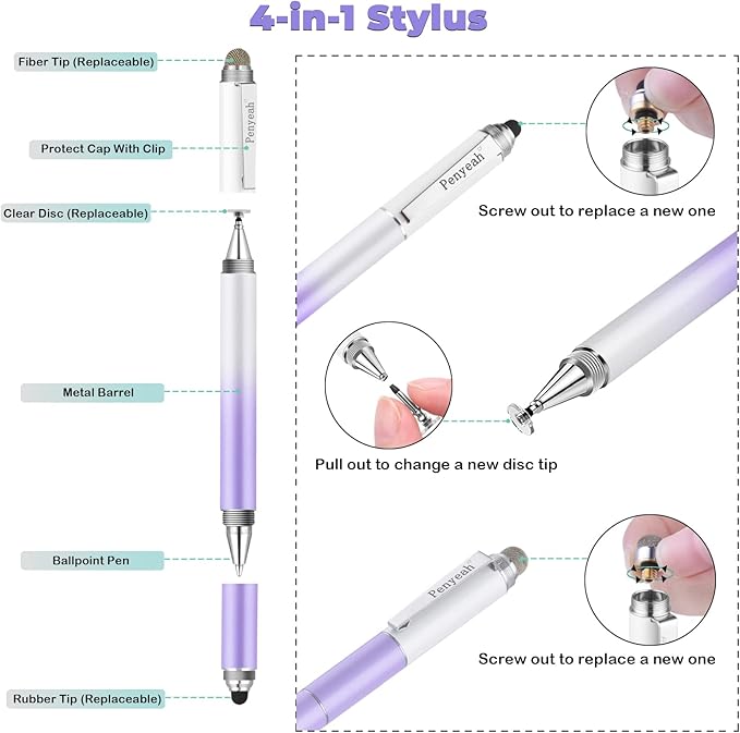 Penyeah Stylus Pen for iPad/iPhone/Android (4 in 1),Universal Touch Screen Disc Tip/Mesh & Rubber Tip Stylist Pen for All Capacitive Phones/Tablets/Laptops-Dream Purple