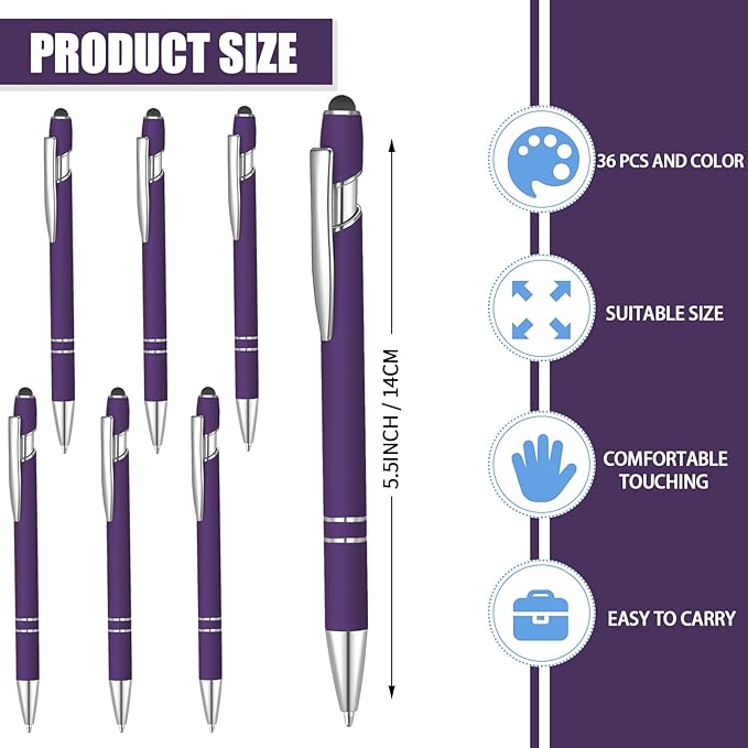 12 Pcs Blue Ink Ballpoint Pen with Stylus Tip, 1.0 mm Metal Pen Stylus Pen for Touch Screens, 2 in 1 Thank You Pen Gift for Friends, Colleagues, Coworker, Office, Family(Deep Purple)