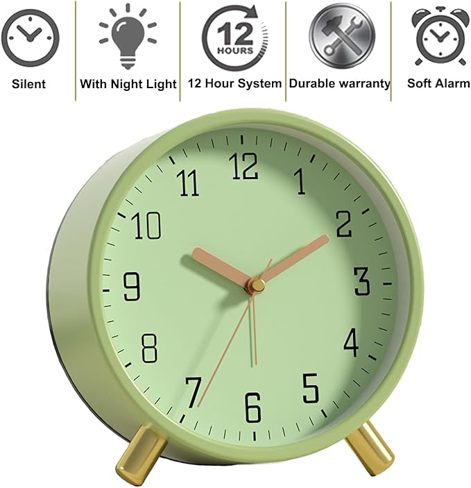 SHISEDECO Alarm Clock with Backlight, 4.5 inches Bedside Analog Non-Ticking Silent Small Deskclock with Arabic Numerals, Battery Operated Round Tableclock for Living Room, Bedroom (Green)