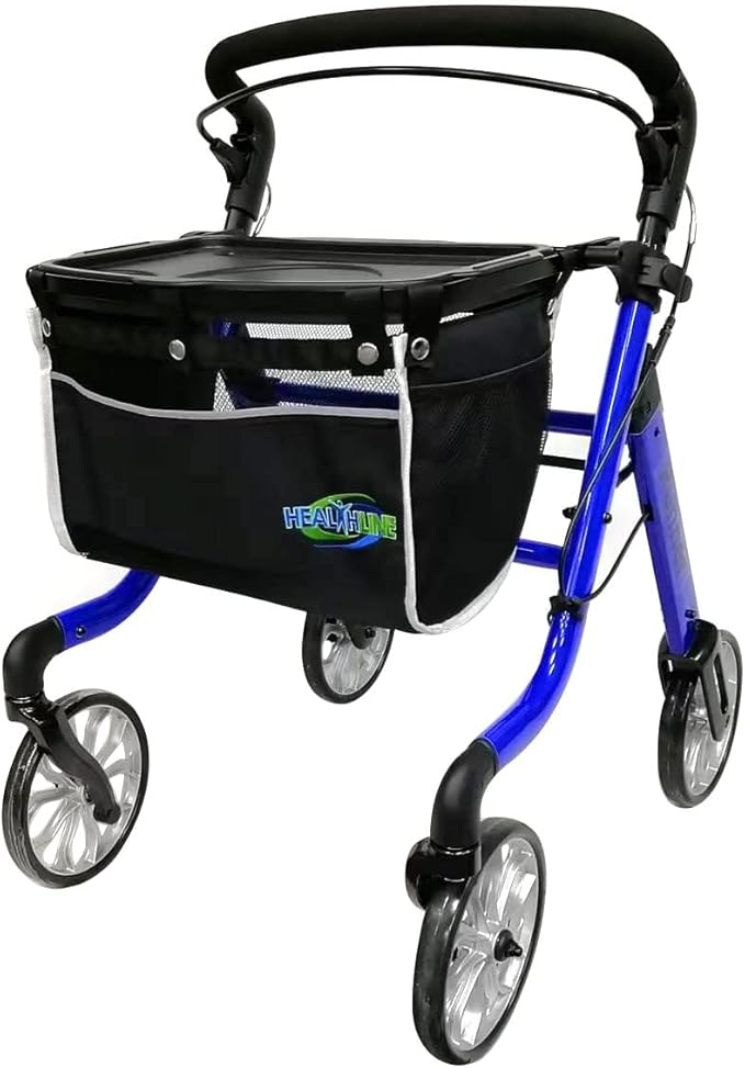 HEALTHLINE Rollator Walker Euro Style - Lightweight 4 Wheel Eldery Walker - Rollator Walkers for Seniors with Basket & Tray - Narrow Doors Indoor Rollator Blue Color