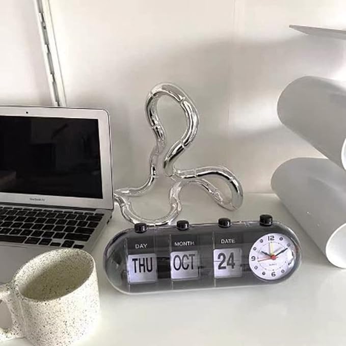 Flip Clock, Manual Jump Desktop Clocks with Date Retro Table Clock Non Ticking Calendar Alarm Clocks, Month, Day of Week Display(Black)