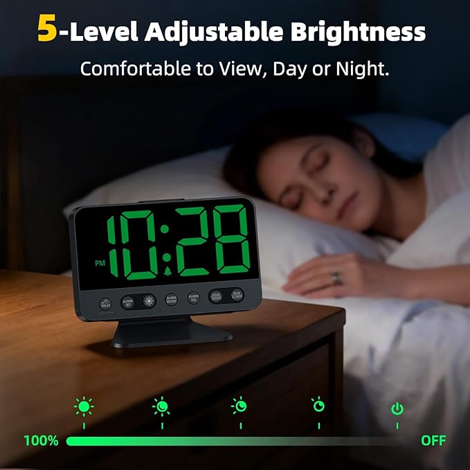 Digital Alarm Clock with Large Numbers for Bedrooms: Bold Display Readable Across The Room with 5 Level Brightness - 5 Alarm Sounds 8 Night Lights for Kids Seniors Teens - Green