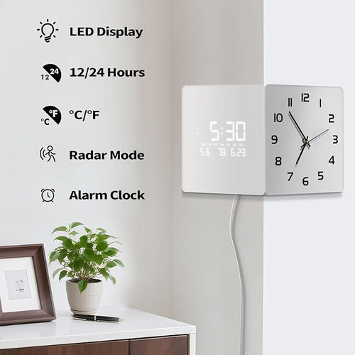 12'' Double Sided 90° Corner Wall Clock, Minimalist White, Radar Motion Activated, Analog & LED Display with Temp Humidity Date Day, Silent Non-Ticking Plug-in for Bedroom Office