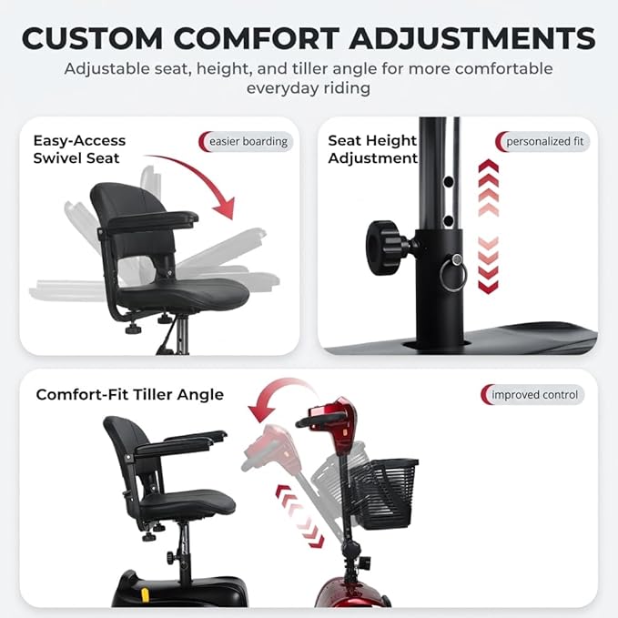 Mobility Scooter 4-Wheel for Seniors, Airport Approved, 264 Max Load Capacity, Portable Motorized Scooters Mobility Aid with Removable Seat, Detachable Front Basket & LED Headlights Red