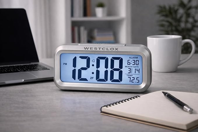 Westclox Alarm Clock with Large Digital Display and Blue Backlight on Demand, Westclox Alarm Clock, Month/Date and Temperature Display with Ascending 5 Minute Snooze Alarm, Silver