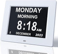 Johnziny 8 Inch Digital Clock Large Display Dementia Clocks with Day and Date for Seniors,8 Alarms Options Digital Clock,Digital Calendar with Large Number and Custom Alarms White