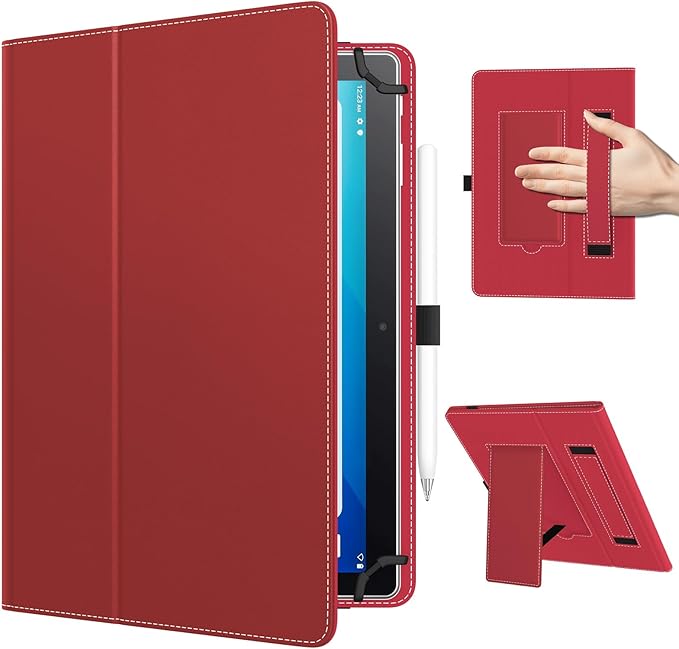 TiMOVO Universal Case for 10.1 Inch Android Tablet with Pen Loop, Lightweight Folding Stand Cover with Hand Strap for All 9.6"-11" Touchscreen Tablet, Dark Red