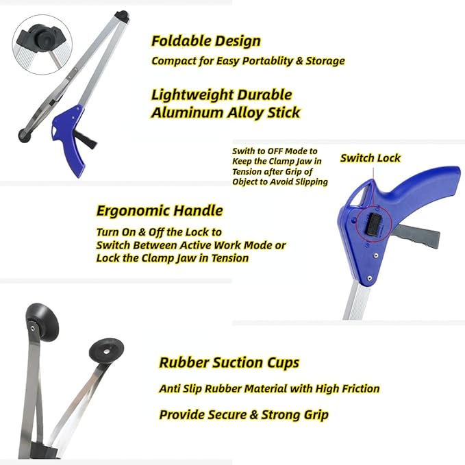 2 Pack Foldable Reacher Grabber Tool 32 Inch Lightweight Extra Long Handy Trash Claw Grabber, Anti-Slip Reaching Tool Assist Litter Pick Up Stick, Nabber, Arm Extension for Elderly Disabled Heavy Duty