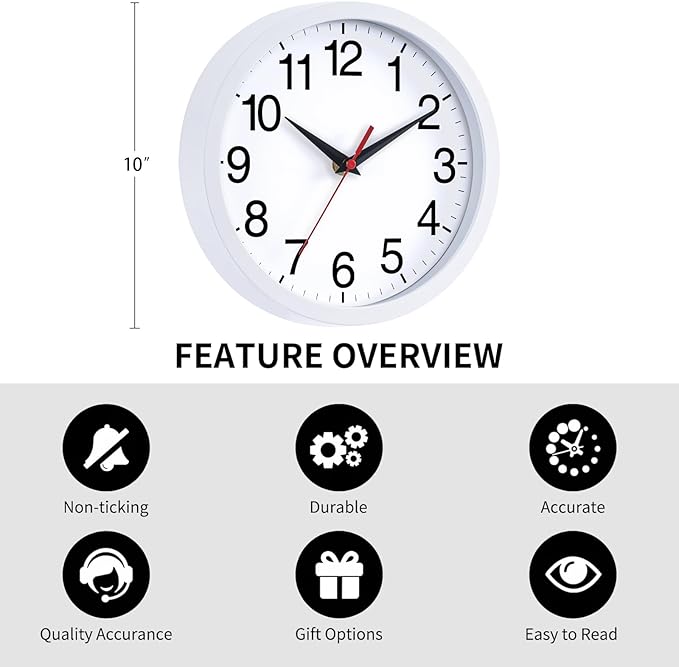 Rohioue Wall Clock Modern 10 Inch Battery Operated Silent Non Ticking Analog Clock Decorative for Bedroom Kitchen Bathroom Office Home (White)