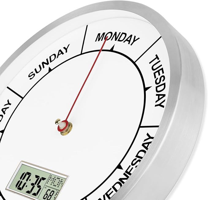 Foxtop Day of The Week Clock for Seniors, Digital Wall Clock with Time, Battery Operated Round 12 Inch Silver Wall Clock for Classroom Office Bedroom Home, Ideal Retirement Gift for Men & Women