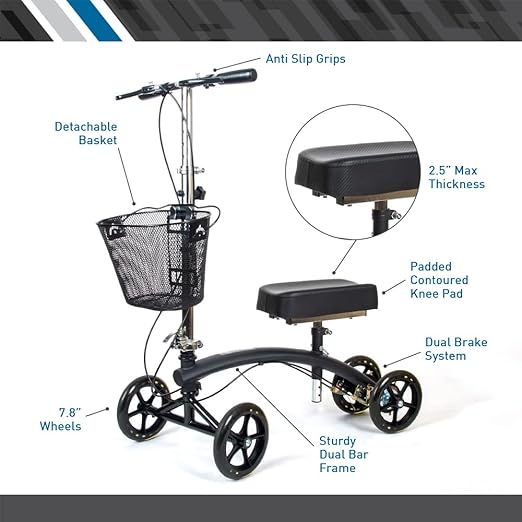 BodyMed Premium Knee Walker, Steerable for Foot Injuries - Adjustable Scooter with Dual Brakes & Metal Basket - Better Alternative to Crutches for Leg Recovery