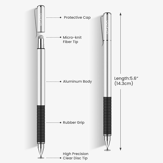 Mixoo Universal Stylus Pen for Touchscreen iPhone iPad Android Tablet Apple Kindle Switch Chromebook Galaxy All Touch Screens, Disc & Fiber Tip 2 in 1 Stylus Pens for Touch Screens (6 Pack Grey)