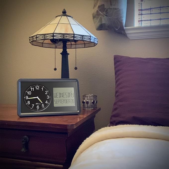 Atomic Combines Analog Time and Digital Display for Day and Date – 10” Display Alarm Clock - Battery Powered Soft Display - Black Frame