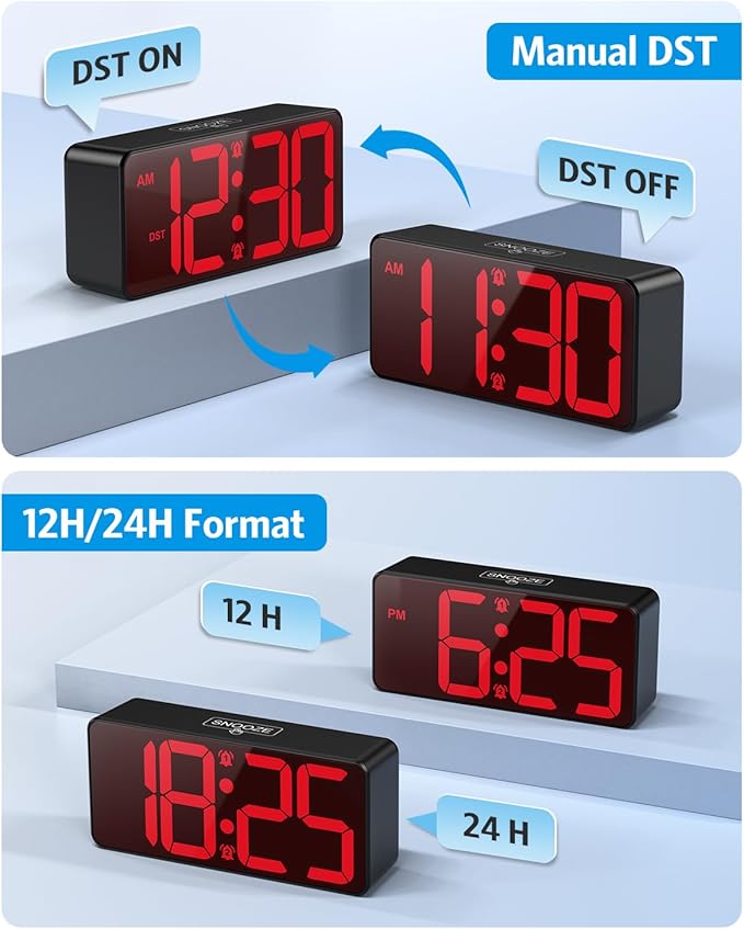 AMIR Battery Operated Digital Clock, Small Digital Clock, Cordless Alarm Clocks for Bedrooms - Large Numbers 4 Dimmers, 3 Volume, 12/24H, DST for Heavy Sleepers
