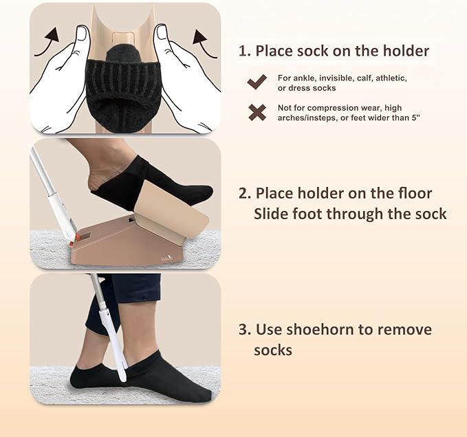 Fullicon EasySox, Aluminum Sock Horn Sock Aid, Sock Assistance Device No Bending for Senior Men Elderly Women, Safe Sock Device to Assist in Putting on Socks, Sock Puller Aid Easy On & Off (Beige)