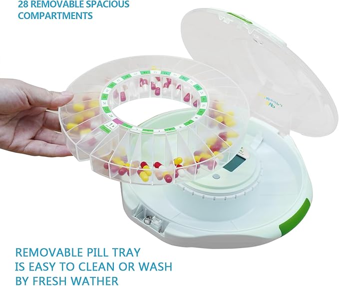 EziMedPil Automatic Pill Dispenser w/Visual &Audio Alerts, up to 6 Alarms/Day, 9 Dosage Templates, Easy-Read LCD Display, Lock Medication Dispenser w/Key for Vitamins, Prescriptions & More, Clear Lid