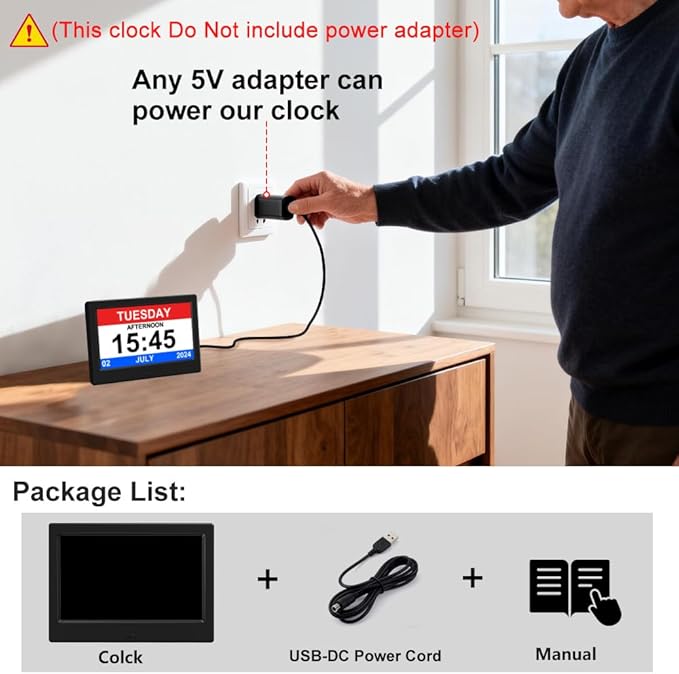 (No Power Adapter Alarm Clock with Day and Date for Elderly 7inch Digital Calendar Clock Photo Frame- Auto Dimmable Display 15 Alarm Options, Clock with Non-Abbreviated Day & Month