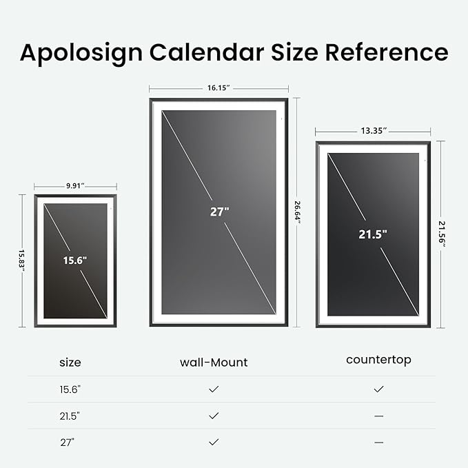 Apolosign 27-inch Digital Calendar : Dual Mode Smart Wall Planner, No Subscription, Install Apps, Sync Calendars, Electronic Touchscreen Interactive Display for Family Schedules, Chore Chart - with Stand (Black)