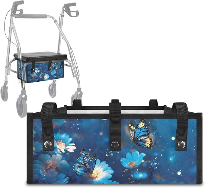3-Piece Walker Seat Cover & Storage Bag Set, Blue Butterfly Rollator Walker Accessories for Elderly, Padded Universal Fit Seat Cover with Storage Pouch, Easy Insall Basket