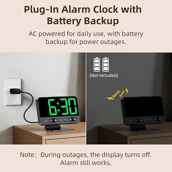 Digital Alarm Clock with Large Numbers for Bedrooms: Bold Display Readable Across The Room with 5 Level Brightness - 5 Alarm Sounds 8 Night Lights for Kids Seniors Teens - Green