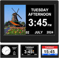 (No Power Adapter Alarm Clock with Day and Date for Elderly 7inch Digital Calendar Clock Photo Frame- Auto Dimmable Display 15 Alarm Options, Clock with Non-Abbreviated Day & Month