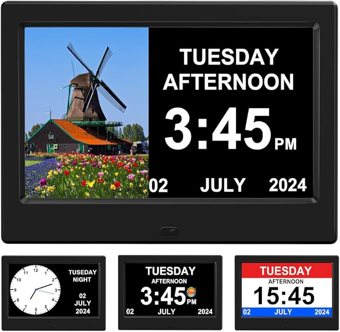(No Power Adapter Alarm Clock with Day and Date for Elderly 7inch Digital Calendar Clock Photo Frame- Auto Dimmable Display 15 Alarm Options, Clock with Non-Abbreviated Day & Month