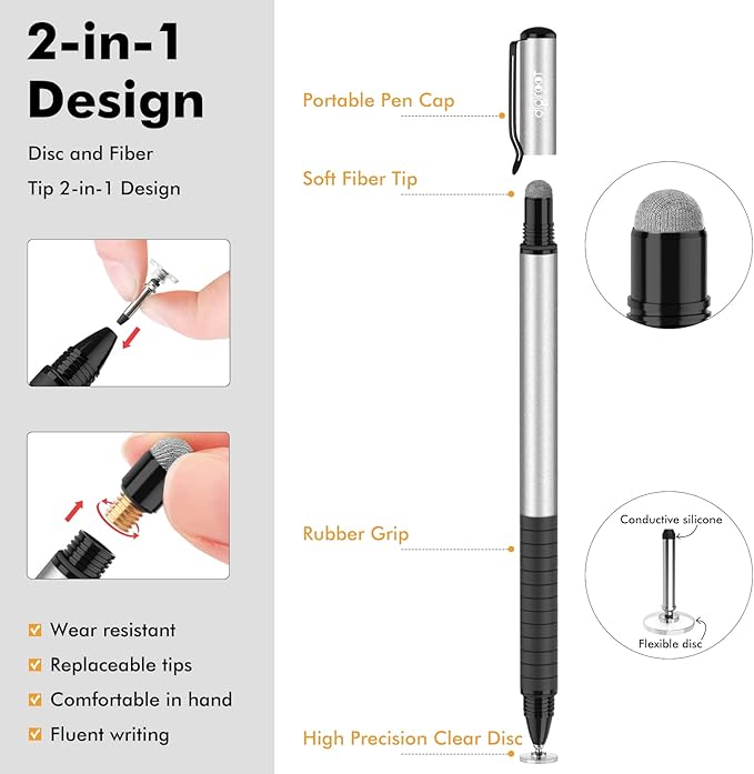 Digiroot Universal Stylus,[2-in-1] Disc Stylus Pens for All Touch Screens Cell Phones, iPad, Tablets, Laptops with 6 Replacement Tips(4 Discs, 2 Fiber Tips Included) - (Silver)