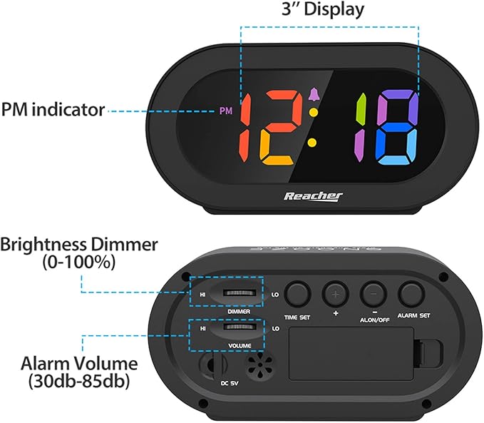 REACHER Small Digital Rainbow LED Alarm Clock with Snooze, Easy to Use, Full Range Brightness Dimmer, Adjustable Alarm Volume, Outlet Powered, Compact Clock for Bedroom, Bedside, Desk, Shelf…