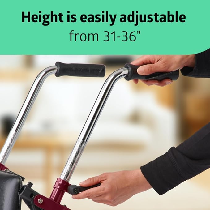 Medline 2-Wheel Rollator Walker, for Adults and Seniors, 300 lb. Weight Capacity, Burgundy, 5-Inch Wheels, Padded Seat, Foldable, Adjustable Handles, Pressure-Activated Brakes