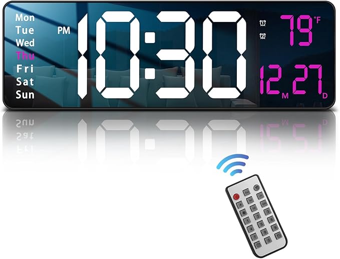 JoFomp Modern 16" Large Digital Wall Clock with Remote Control, LED Display, Auto-Dimming, Countdown, Temperature, Calendar - 12/24Hr Format - Silent Wall Clock for Home, Office, or Gym Use (Pink)