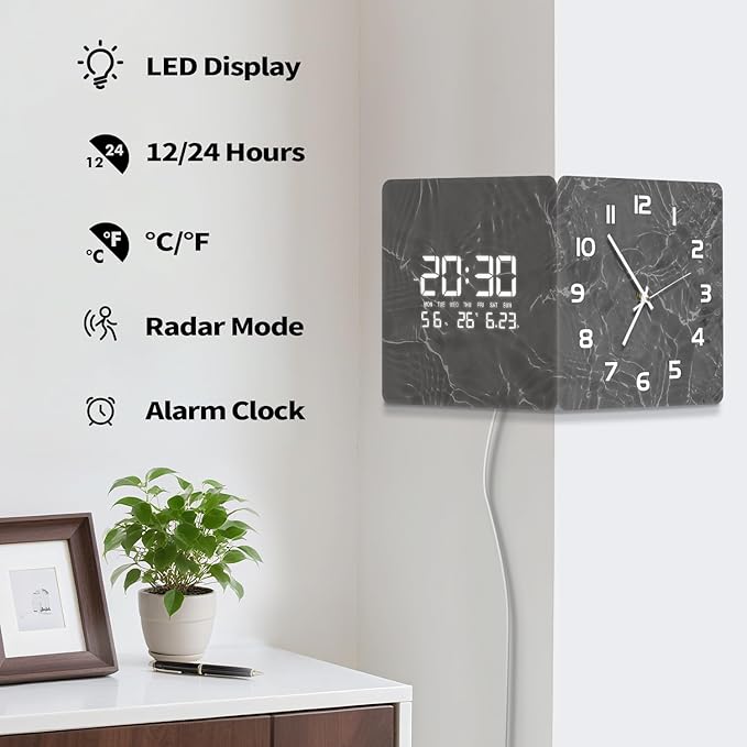 12'' Double Sided 90° Corner Wall Clock, Gray Water Ripple, Radar Motion Activated, Analog & LED Display with Temp Humidity Date Day, Silent Non-Ticking Plug-in for Living Room Kitchen