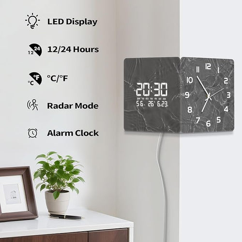 12'' Double Sided 90° Corner Wall Clock, Gray Water Ripple, Radar Motion Activated, Analog & LED Display with Temp Humidity Date Day, Silent Non-Ticking Plug-in for Living Room Kitchen