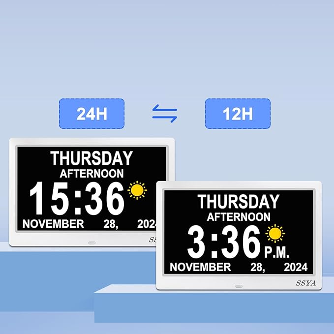 SSYA Dementia Clock for Seniors Digital Large Calendar Alarm Clock Auto DST White