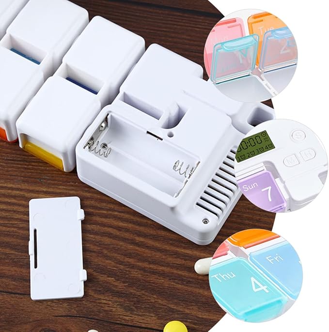 Ciieeo Weekly Electronic Pill Organizer with 7 Compartments, Portable Compact Medicine Case with Removable Boxes and Timed Alarm Reminder, Sealed Storage for Daily Vitamins and