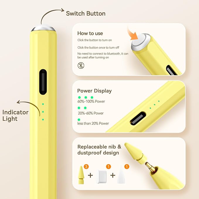 Hastraith Stylus Pen for iPad(2018-2026)-13 Mins Fast Charge with Tilt Sensitivity & Palm Rejection for iPad 11/10/9/8/7/6th Gen, Air 5/4/3/M4/M3/M2, Pro 13"/12.9"/11"/M4, Mini 7/6/5th, Yellow