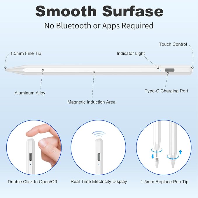 Stylus Pen for iOS&Android Touch Screens, Active Pencil for Samsung, Smart Digital Stylus Pens for Lenovo/Vivo/Mi/HUAWEI and Other Tablets, iPhone/Samsung/Google Pixel Smart Phones for Drawing&Writing