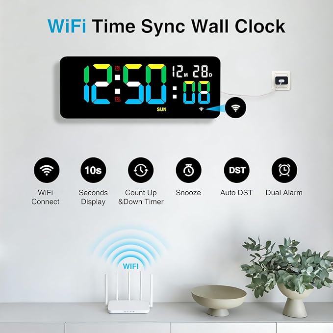 XREXS 12.2 Inch Digital Wall Clock WiFi Sync with Remote Control, Large LED Screen with Time/Calendar/Seconds Display, Count Up & Down Timer, 2 Alarm Clock for Home, Office and Classroom