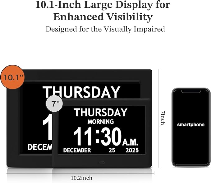 Black+White Set - 10.1'' Dementia Clock for Seniors (2-Pack), Large Digital Display with Date/Time/Day, for Elderly/Alzheimer's, HD 1280*800, 10 Reminders & 6 Alarms, Auto Dimming, Remote Control