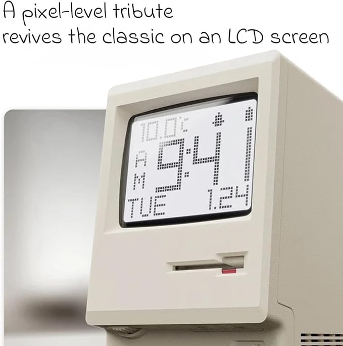 RayCue Maclock WB-8 Retro Pixel Alarm Clock - 1984 Computer-Inspired USB Desk Clock with Pixel Display, Multiple Alarms & Adjustable Brightness | Maclock Calendar, Temperature, Unique Retro Tech Gift