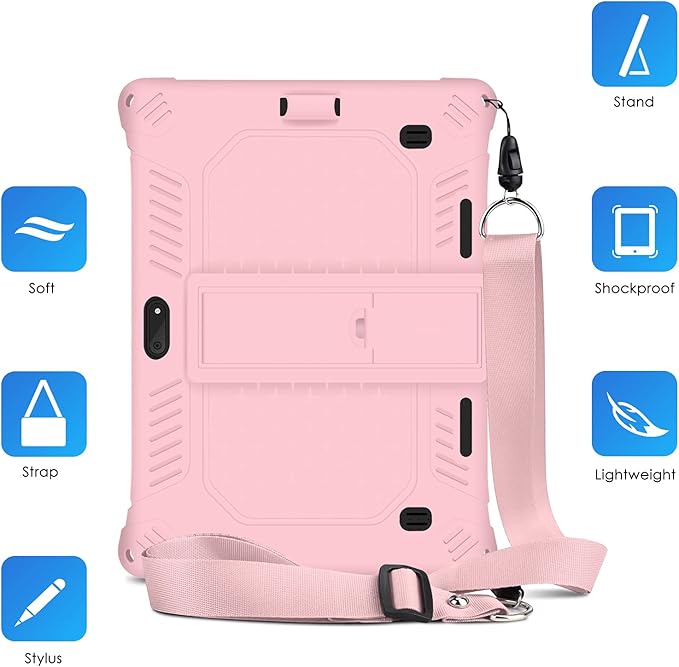 DETUOSI Case for YELLYOUTH 10.1 Tablet, Soft Silicone Lightweight Case Compatible with Dragon Touch Notepad K10, ZONKO 10.1, Beyond Tab 10.1, with Stylus Pen and Shoulder Strap, Light Pink