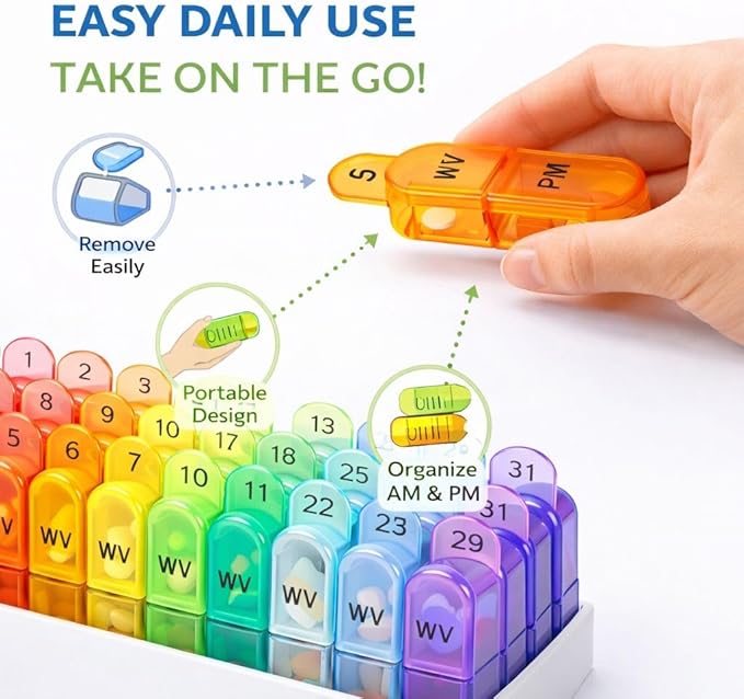 Monthly Pill Organizer Monthly 31 Day AM PM – Pill Sorter Monthly with Large Compartments, 2 Times Pill Container,Monthly Pill Holder for Vitamins, Supplements & Daily Medication