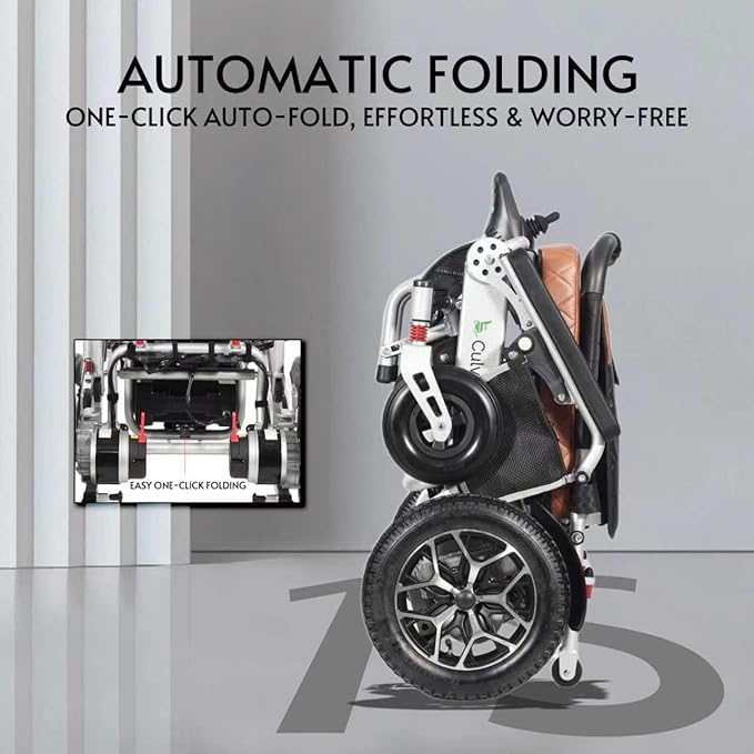 Auto Folding Portable Heavy Duty Electric Wheelchair for Adults and Seniors, One Click Automatic Fold and Unfold Motorized 4 Wheels 500W Motor Power Electric Wheelchair (Wolf - Brown-Auto)