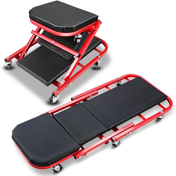 2-in-1 Foldable Rolling Z Creeper & Seat, 40" Low-Profile Roller Mechanics Under Car Chair 330 LBS Weight Capacity Garage Roller Creeper with 6 Swivel Casters